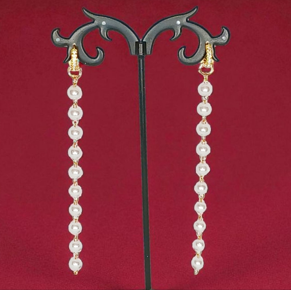 Gold Huggies Pearl Linear Drop Earrings Coquette Evening Special Occasion